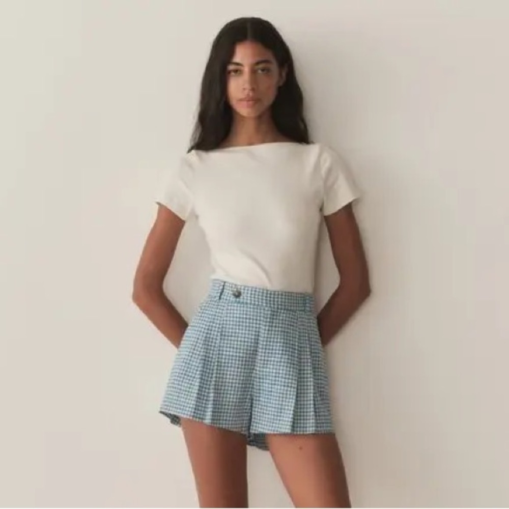 NWT Doen Kingsley Cotton Button High Waist Shorts Southhampton Gingham Blue - Picture 2 of 12